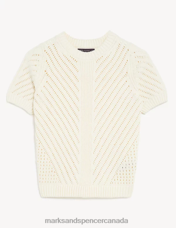Women Ivory Clothing Marks & Spencer Cotton Rich Textured Crew Neck Knitted Top 20VTD2058 - Marks and Spencer Canada locations