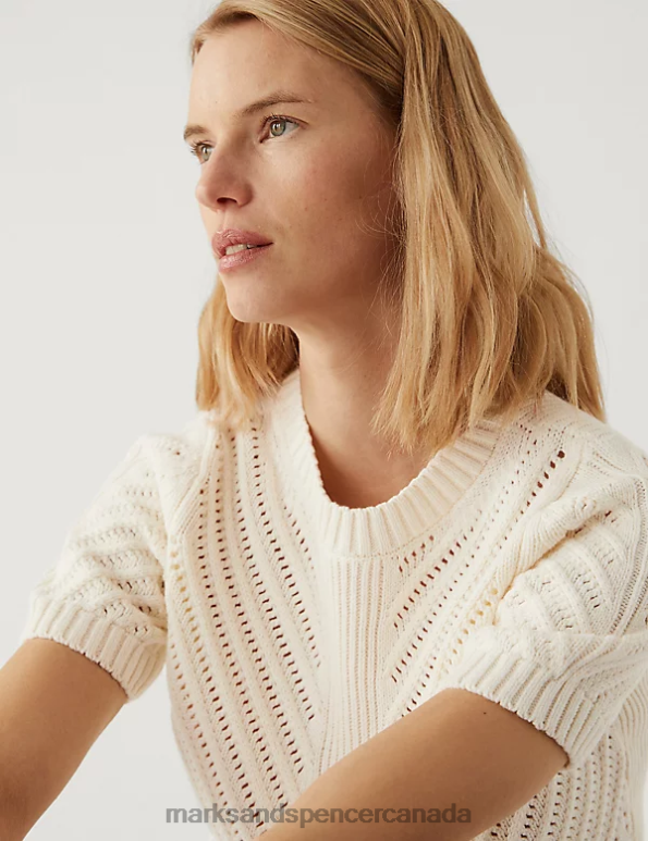 Women Ivory Clothing Marks & Spencer Cotton Rich Textured Crew Neck Knitted Top 20VTD2058 - Marks and Spencer Canada locations