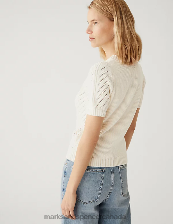 Women Ivory Clothing Marks & Spencer Cotton Rich Textured Crew Neck Knitted Top 20VTD2058 - Marks and Spencer Canada locations