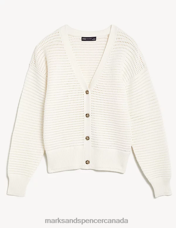 Women Ivory Clothing Marks & Spencer Cotton Rich Textured V-Neck Cardigan 20VTD2076 - Marks and Spencer outlet
