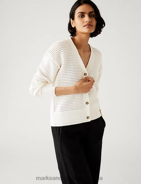 Women Ivory Clothing Marks & Spencer Cotton Rich Textured V-Neck Cardigan 20VTD2076 - Marks and Spencer outlet
