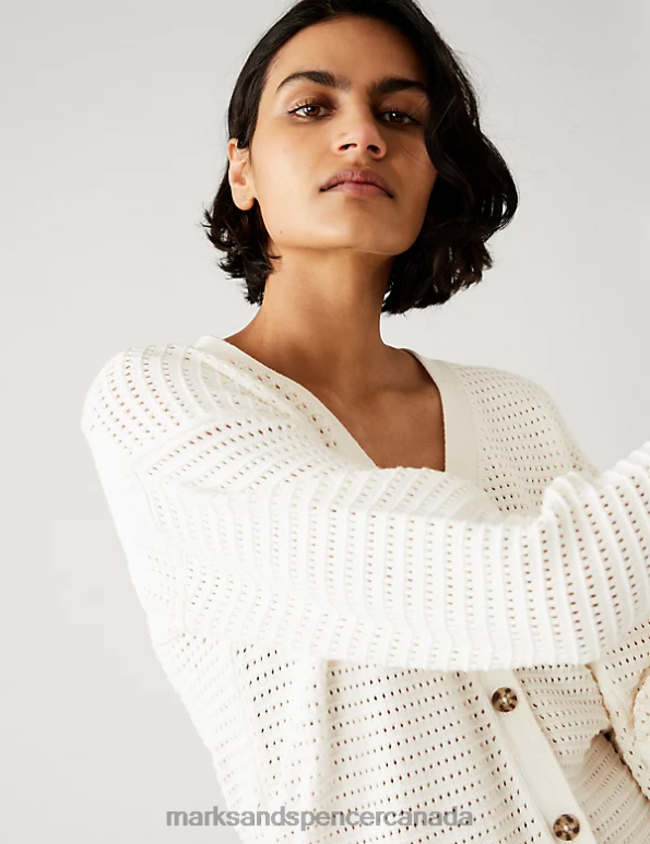 Women Ivory Clothing Marks & Spencer Cotton Rich Textured V-Neck Cardigan 20VTD2076 - Marks and Spencer outlet