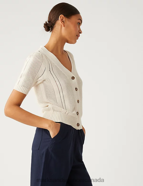 Women Ivory Clothing Marks & Spencer Cotton Rich Textured V-Neck Cardigan 20VTD2152 - Marks and Spencer Canada locations
