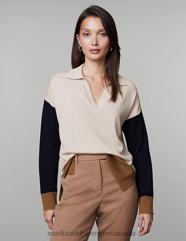 Women Ivory Clothing Marks & Spencer Pure Merino Wool Colour Block Jumper 20VTD787 - Marks and Spencer Canada locations
