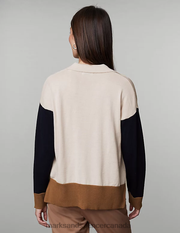 Women Ivory Clothing Marks & Spencer Pure Merino Wool Colour Block Jumper 20VTD787 - Marks and Spencer Canada locations
