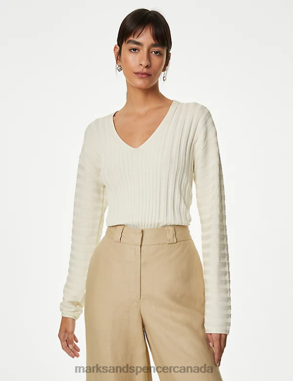 Marks and Spencer sale - Women Ivory Clothing Marks & Spencer Silk Blend Ribbed V-Neck Jumper 20VTD917
