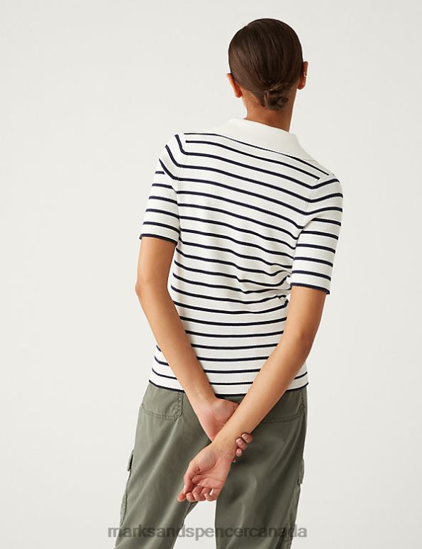Marks and Spencer near me - Women Ivory Mix Clothing Marks & Spencer Cotton Rich Striped Collared Knitted Top 20VTD1149