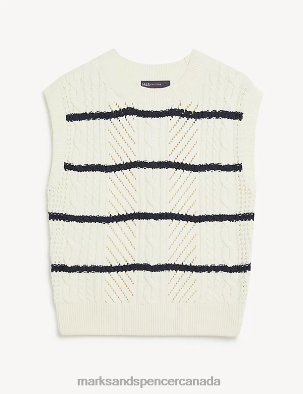 Women Ivory Mix Clothing Marks & Spencer Cotton Rich Striped Crew Neck Knitted Vest 20VTD1951 - Marks and Spencer online