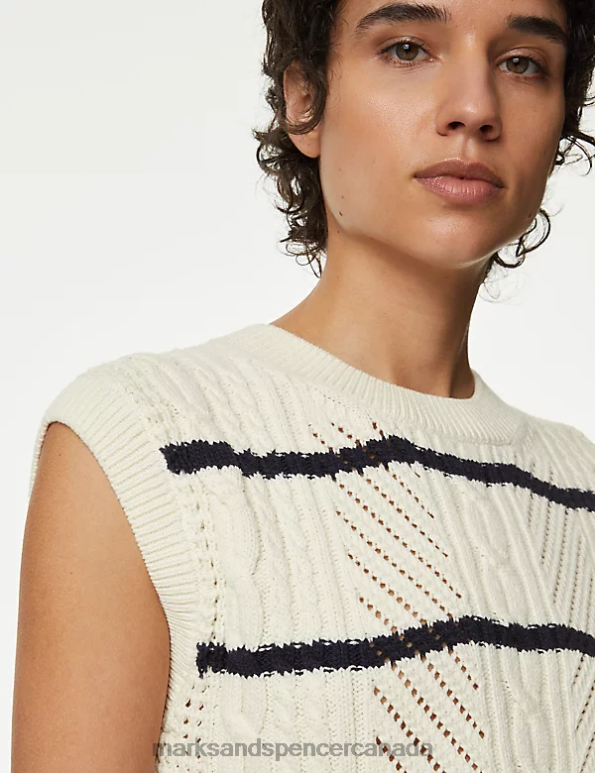 Women Ivory Mix Clothing Marks & Spencer Cotton Rich Striped Crew Neck Knitted Vest 20VTD1951 - Marks and Spencer online