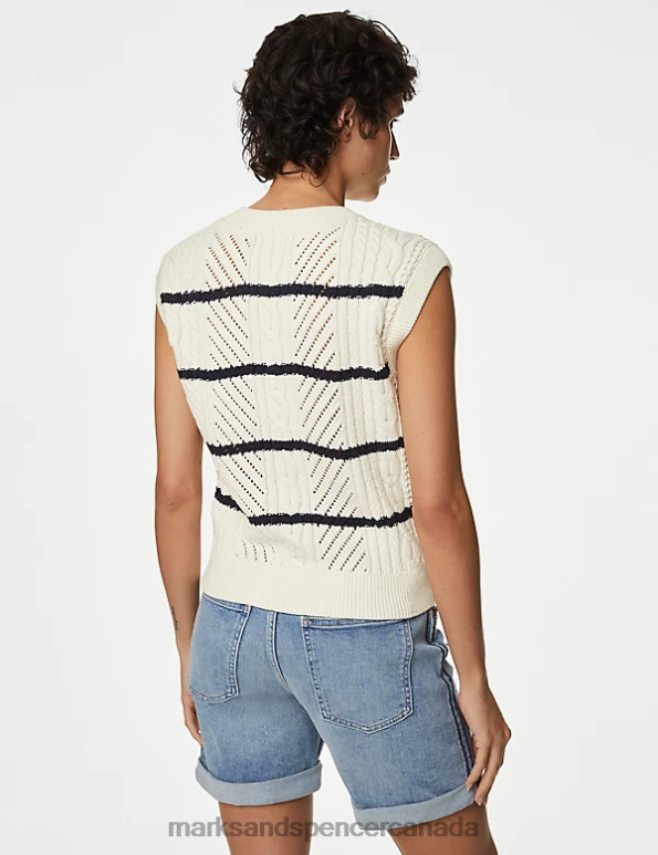 Women Ivory Mix Clothing Marks & Spencer Cotton Rich Striped Crew Neck Knitted Vest 20VTD1951 - Marks and Spencer online