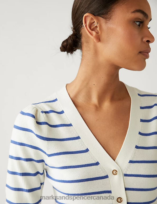 Marks and Spencer near me - Women Ivory Mix Clothing Marks & Spencer Striped V-Neck Button Front Cardigan 20VTD2116