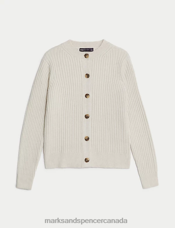 Marks and Spencer Canada - Women Light Natural Clothing Marks & Spencer Knitted Ribbed Crew Neck Cardigan 20VTD364