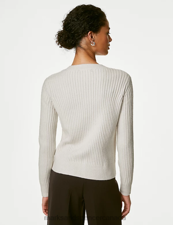 Marks and Spencer Canada - Women Light Natural Clothing Marks & Spencer Knitted Ribbed Crew Neck Cardigan 20VTD364