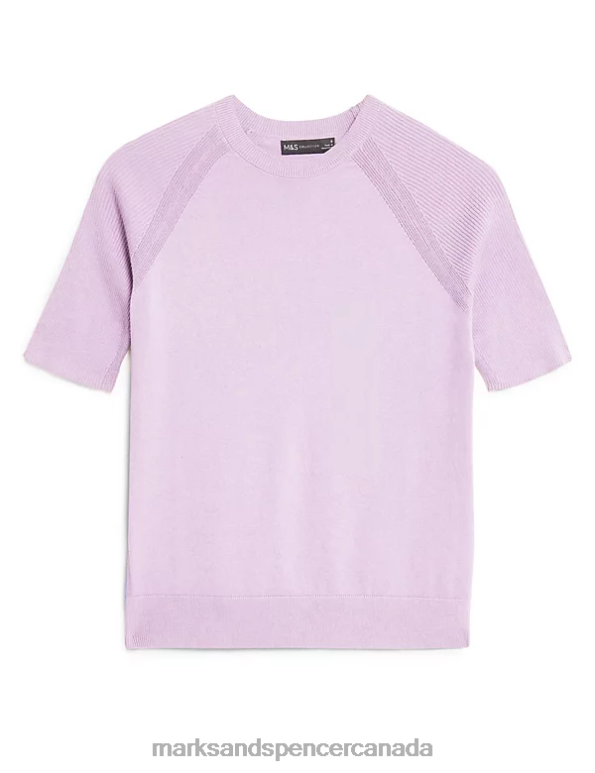 Marks and Spencer Canada - Women Lilac Clothing Marks & Spencer Cotton Rich Ribbed Crew Neck Knitted Top 20VTD1758