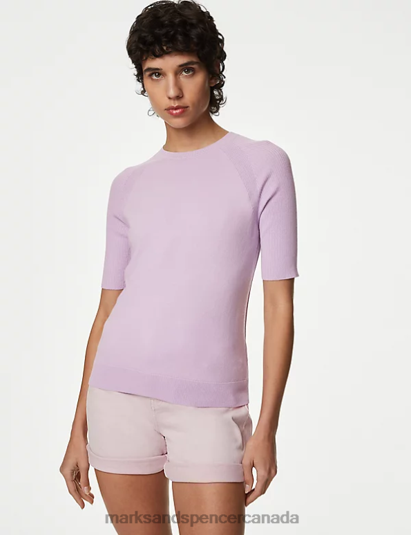 Marks and Spencer Canada - Women Lilac Clothing Marks & Spencer Cotton Rich Ribbed Crew Neck Knitted Top 20VTD1758