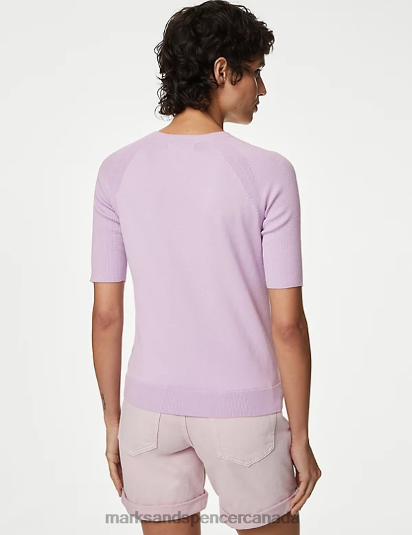 Marks and Spencer Canada - Women Lilac Clothing Marks & Spencer Cotton Rich Ribbed Crew Neck Knitted Top 20VTD1758
