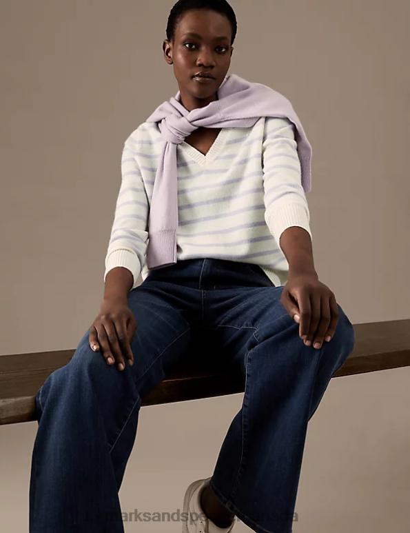 Marks and Spencer Canada - Women Lilac Mix Clothing Marks & Spencer Pure Cashmere Striped V-Neck Jumper 20VTD2218