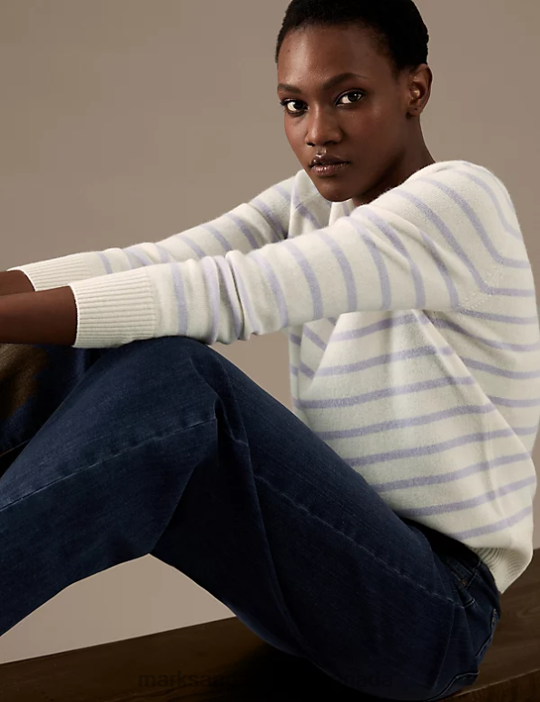 Marks and Spencer Canada - Women Lilac Mix Clothing Marks & Spencer Pure Cashmere Striped V-Neck Jumper 20VTD2218