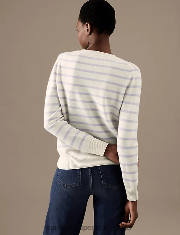 Marks and Spencer Canada - Women Lilac Mix Clothing Marks & Spencer Pure Cashmere Striped V-Neck Jumper 20VTD2218