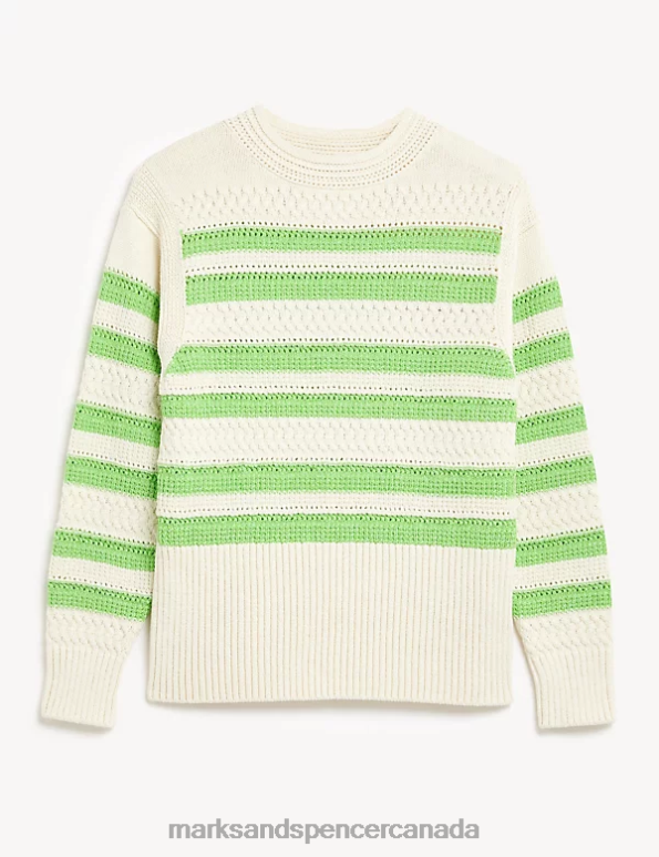 Marks and Spencer sale - Women Lime Mix Clothing Marks & Spencer Cotton Rich Striped Crew Neck Jumper 20VTD1692