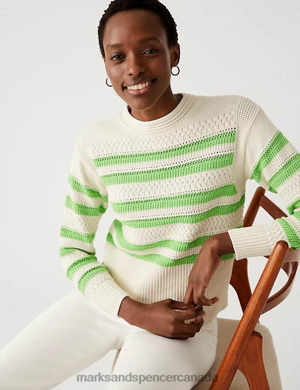 Marks and Spencer sale - Women Lime Mix Clothing Marks & Spencer Cotton Rich Striped Crew Neck Jumper 20VTD1692