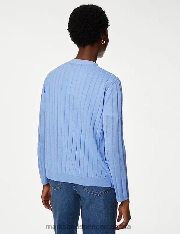 Marks and Spencer Canada - Women Medium Blue Clothing Marks & Spencer Edge to Edge Relaxed Cardigan with Linen 20VTD3022