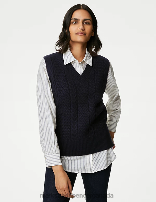 Women Midnight Navy Clothing Marks & Spencer Cable Knit V-Neck Knitted Vest 20VTD562 - Marks and Spencer Canada locations