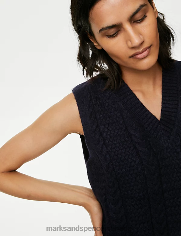 Women Midnight Navy Clothing Marks & Spencer Cable Knit V-Neck Knitted Vest 20VTD562 - Marks and Spencer Canada locations