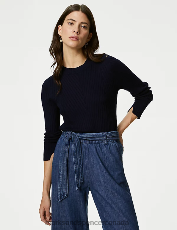 Marks and Spencer Canada - Women Navy Clothing Marks & Spencer Cotton Blend Ribbed Button Detail Jumper 20VTD2009