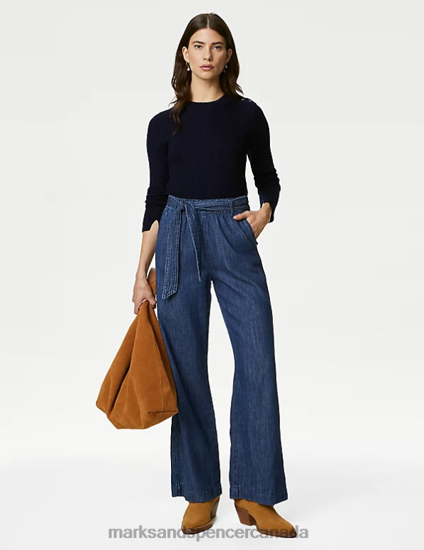 Marks and Spencer Canada - Women Navy Clothing Marks & Spencer Cotton Blend Ribbed Button Detail Jumper 20VTD2009