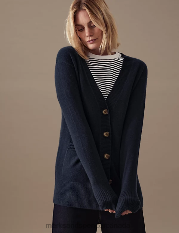 Women Navy Clothing Marks & Spencer Pure Cashmere V-Neck Button Front Cardigan 20VTD1632 - Marks and Spencer Canada locations