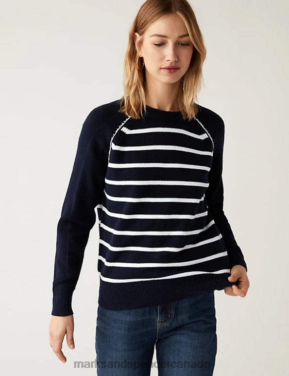 Women Navy Mix Clothing Marks & Spencer Cotton Rich Striped Crew Neck Jumper 20VTD1979 - Marks and Spencer outlet