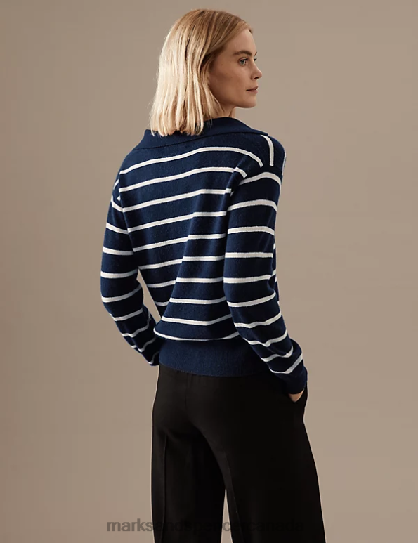 Women Navy Mix Clothing Marks & Spencer Pure Cashmere Striped Collared Jumper 20VTD1232 - Marks and Spencer online