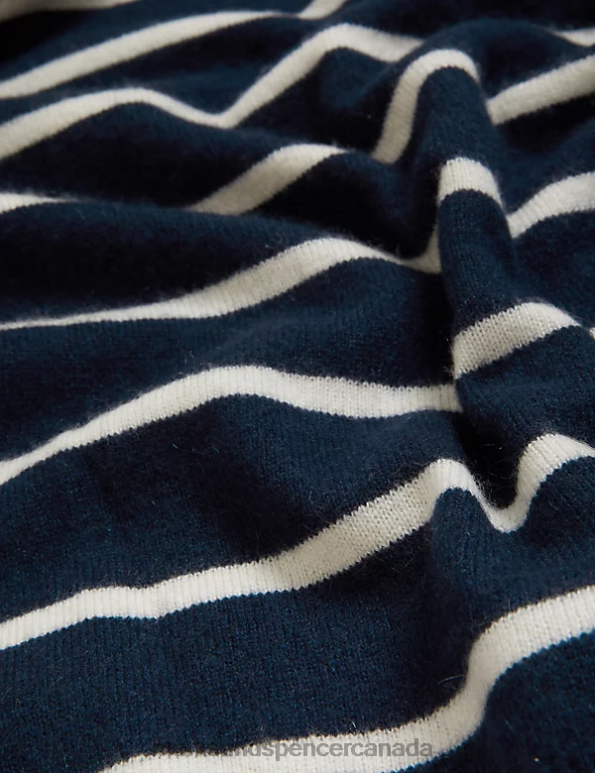 Women Navy Mix Clothing Marks & Spencer Pure Cashmere Striped Collared Jumper 20VTD1232 - Marks and Spencer online