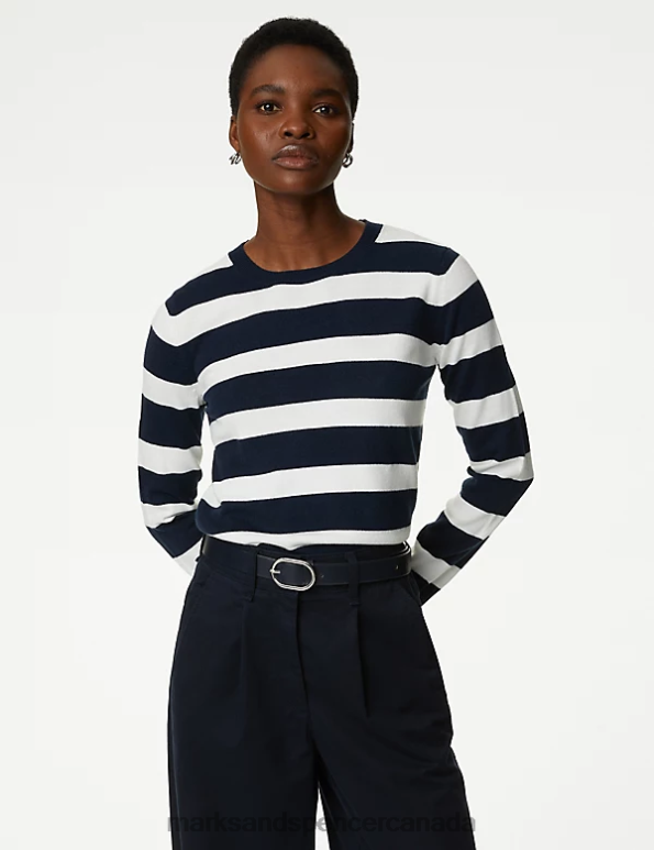 Women Navy Mix Clothing Marks & Spencer Supersoft Striped Crew Neck Jumper 20VTD138 - Marks and Spencer online