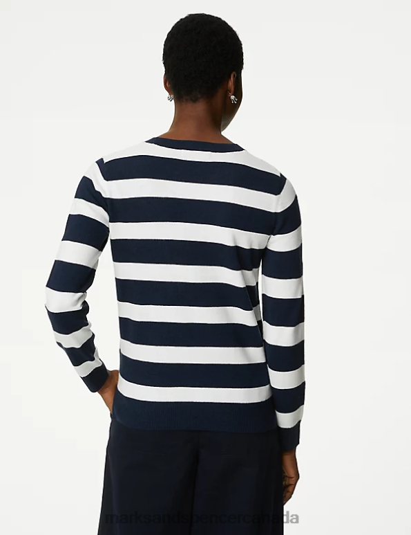 Women Navy Mix Clothing Marks & Spencer Supersoft Striped Crew Neck Jumper 20VTD138 - Marks and Spencer online