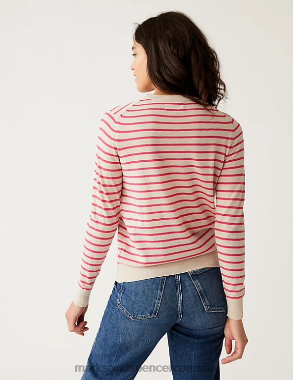 Women Oatmeal Mix Clothing Marks & Spencer Pure Merino Wool Striped Crew Neck Jumper 20VTD1482 - Marks and Spencer outlet