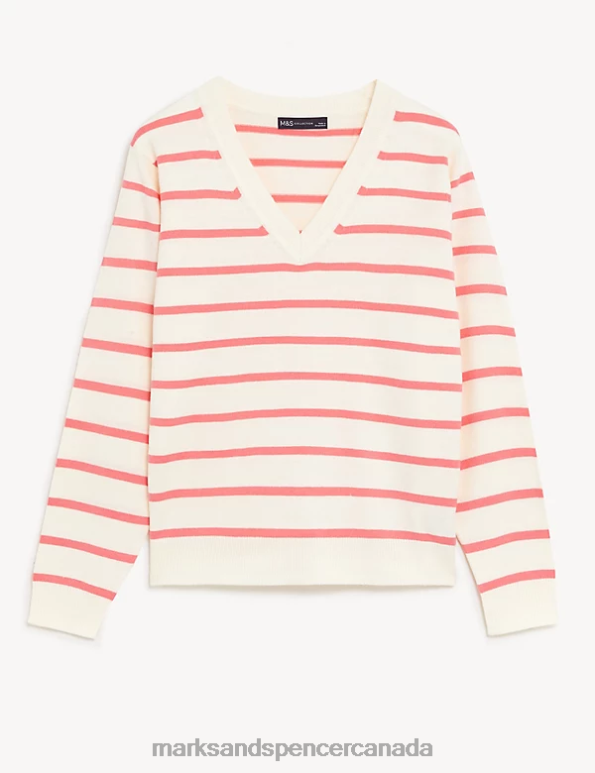 Women Pink Mix Clothing Marks & Spencer Supersoft Striped V-Neck Jumper 20VTD2710 - Marks and Spencer Canada locations