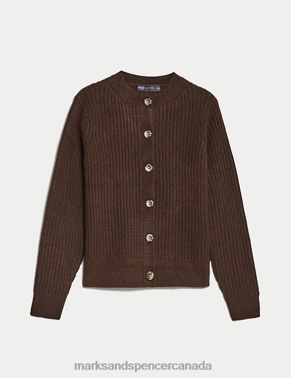 Women Raisin Clothing Marks & Spencer Knitted Ribbed Crew Neck Cardigan 20VTD363 - Marks and Spencer outlet