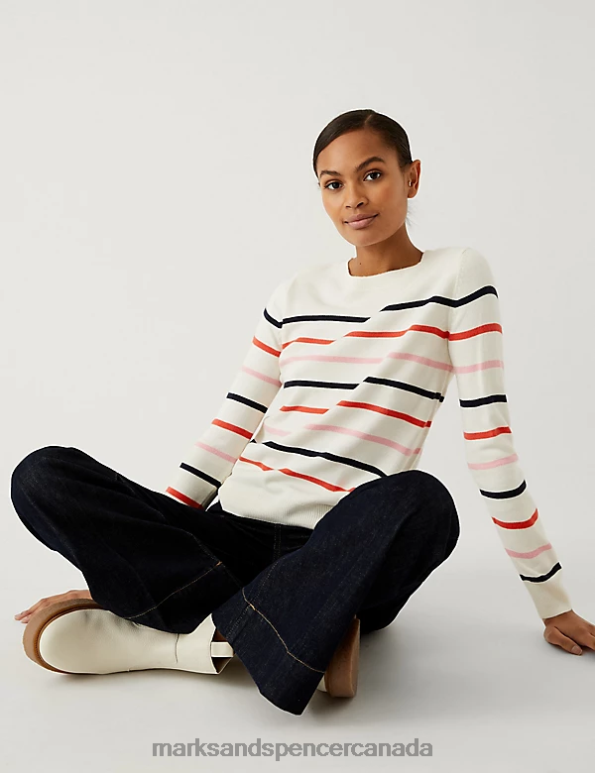 Marks and Spencer Canada - Women Red Mix Clothing Marks & Spencer Supersoft Striped Crew Neck Jumper 20VTD1405