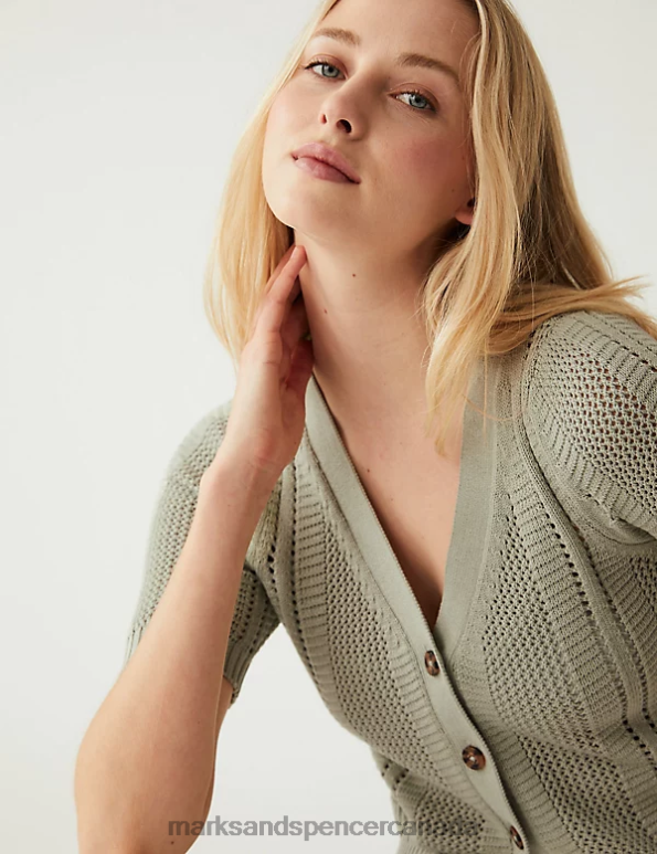 Marks and Spencer sale - Women Soft Green Clothing Marks & Spencer Cotton Rich Textured V-Neck Cardigan 20VTD2150