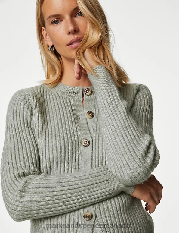 Marks and Spencer near me - Women Soft Green Clothing Marks & Spencer Knitted Ribbed Crew Neck Cardigan 20VTD365