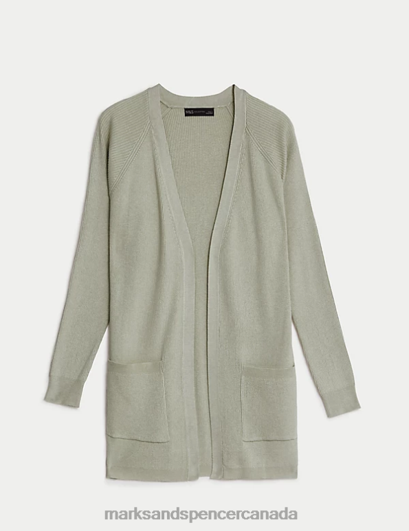 Marks and Spencer Canada - Women Soft Green Clothing Marks & Spencer Ribbed Edge to Edge Longline Cardigan 20VTD930