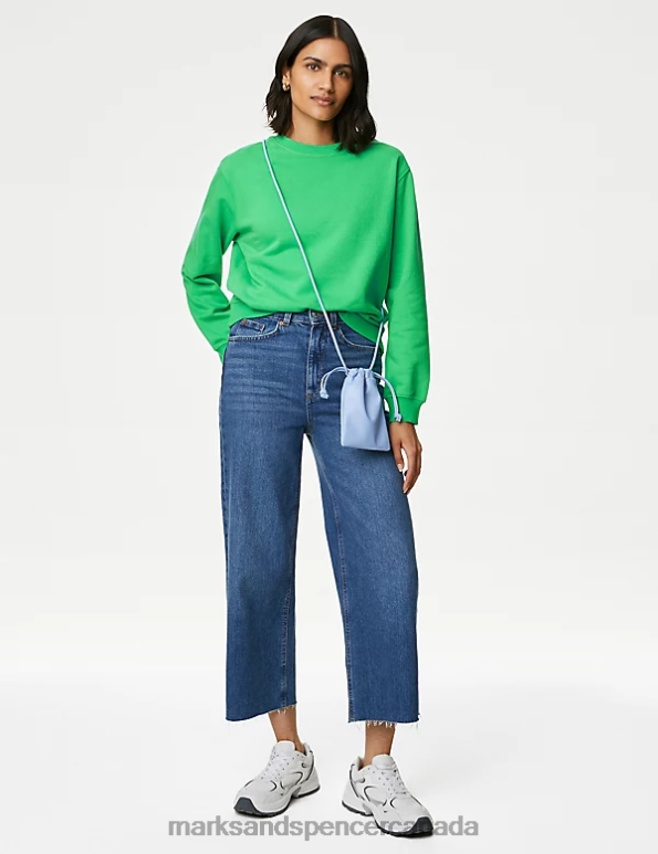 Women Acid Green Clothing Marks & Spencer Cotton Rich Crew Neck Sweatshirt 20VTD1766 - Marks and Spencer online