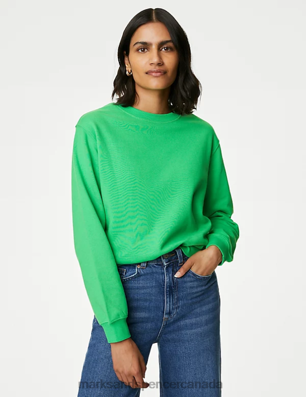 Women Acid Green Clothing Marks & Spencer Cotton Rich Crew Neck Sweatshirt 20VTD1766 - Marks and Spencer online
