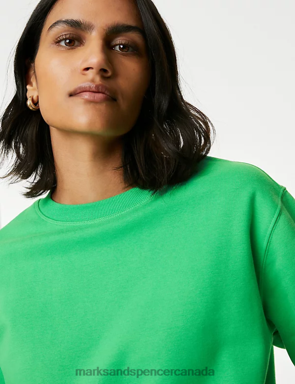 Women Acid Green Clothing Marks & Spencer Cotton Rich Crew Neck Sweatshirt 20VTD1766 - Marks and Spencer online