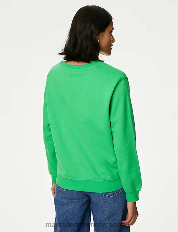 Women Acid Green Clothing Marks & Spencer Cotton Rich Crew Neck Sweatshirt 20VTD1766 - Marks and Spencer online
