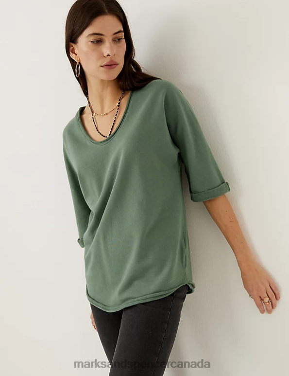 Marks and Spencer near me - Women Antique Green Clothing Marks & Spencer Pure Cotton Scoop Neck Sweatshirt 20VTD2607
