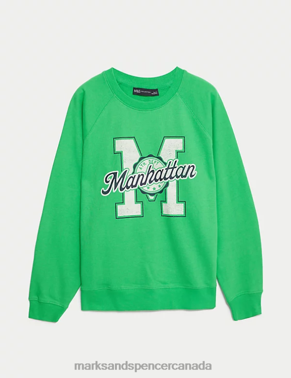Women Green Mix Clothing Marks & Spencer Pure Cotton Slogan Sweatshirt 20VTD1166 - Marks and Spencer online