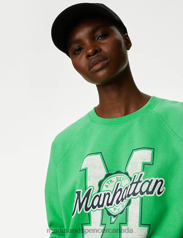 Women Green Mix Clothing Marks & Spencer Pure Cotton Slogan Sweatshirt 20VTD1166 - Marks and Spencer online